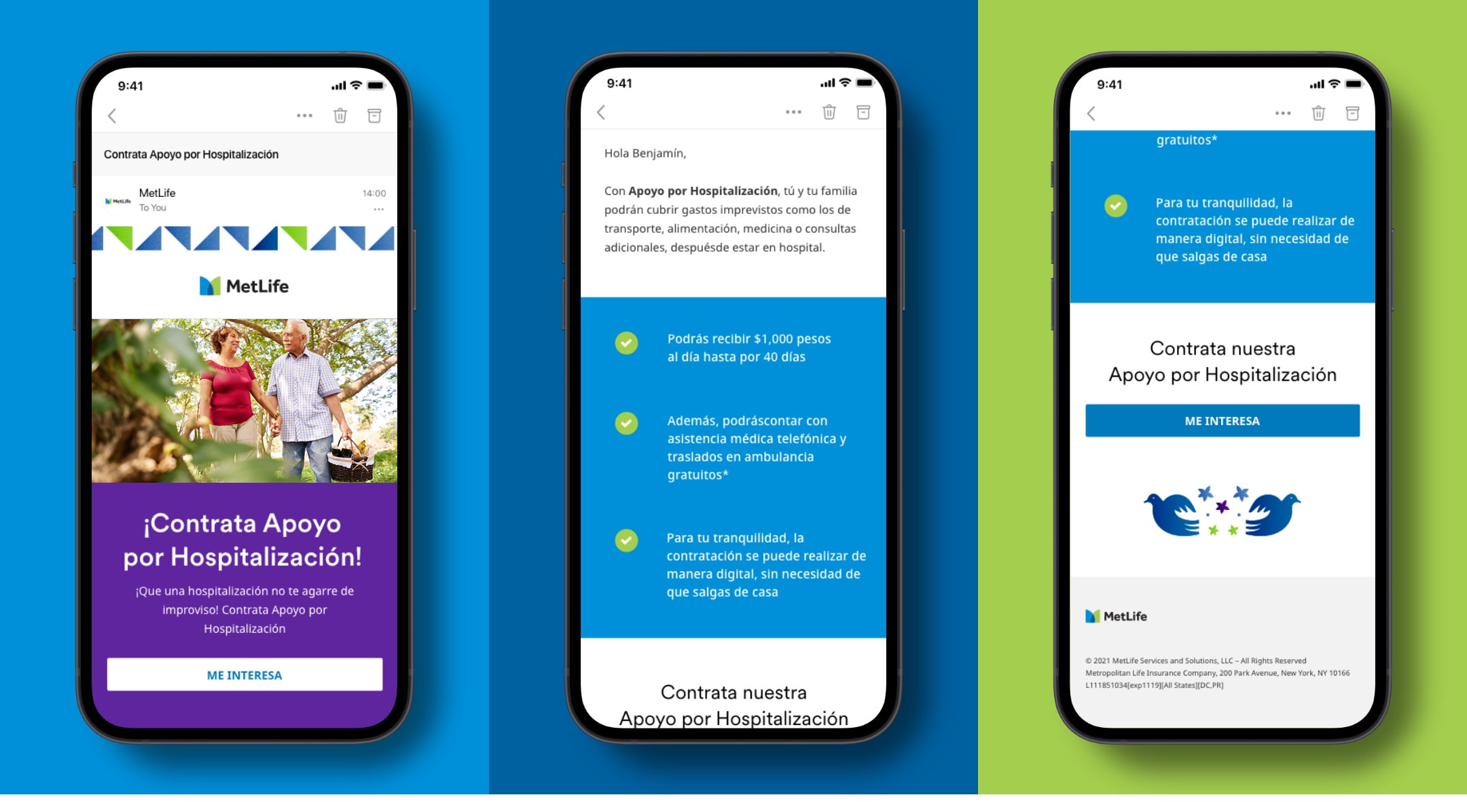 Three phone screens showing color and photography in email design.