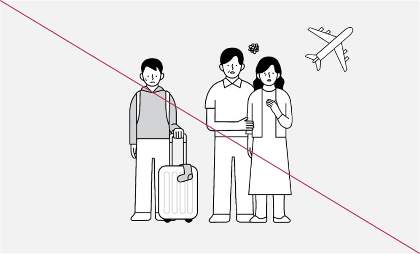 Illustration featuring a person with a suitcase, a husband and wife, and an airplane.