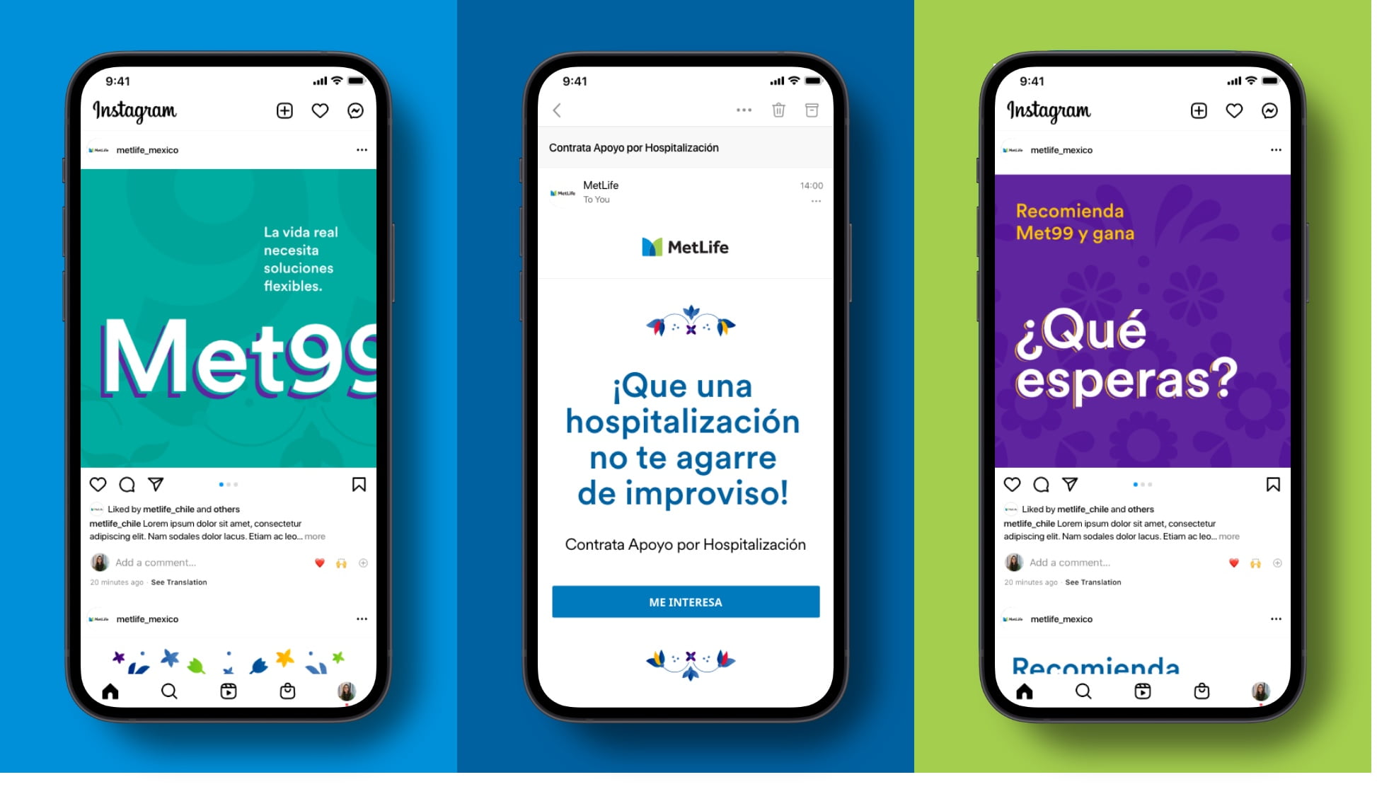 Three phone screens showing use of color in Mexican digital designs.