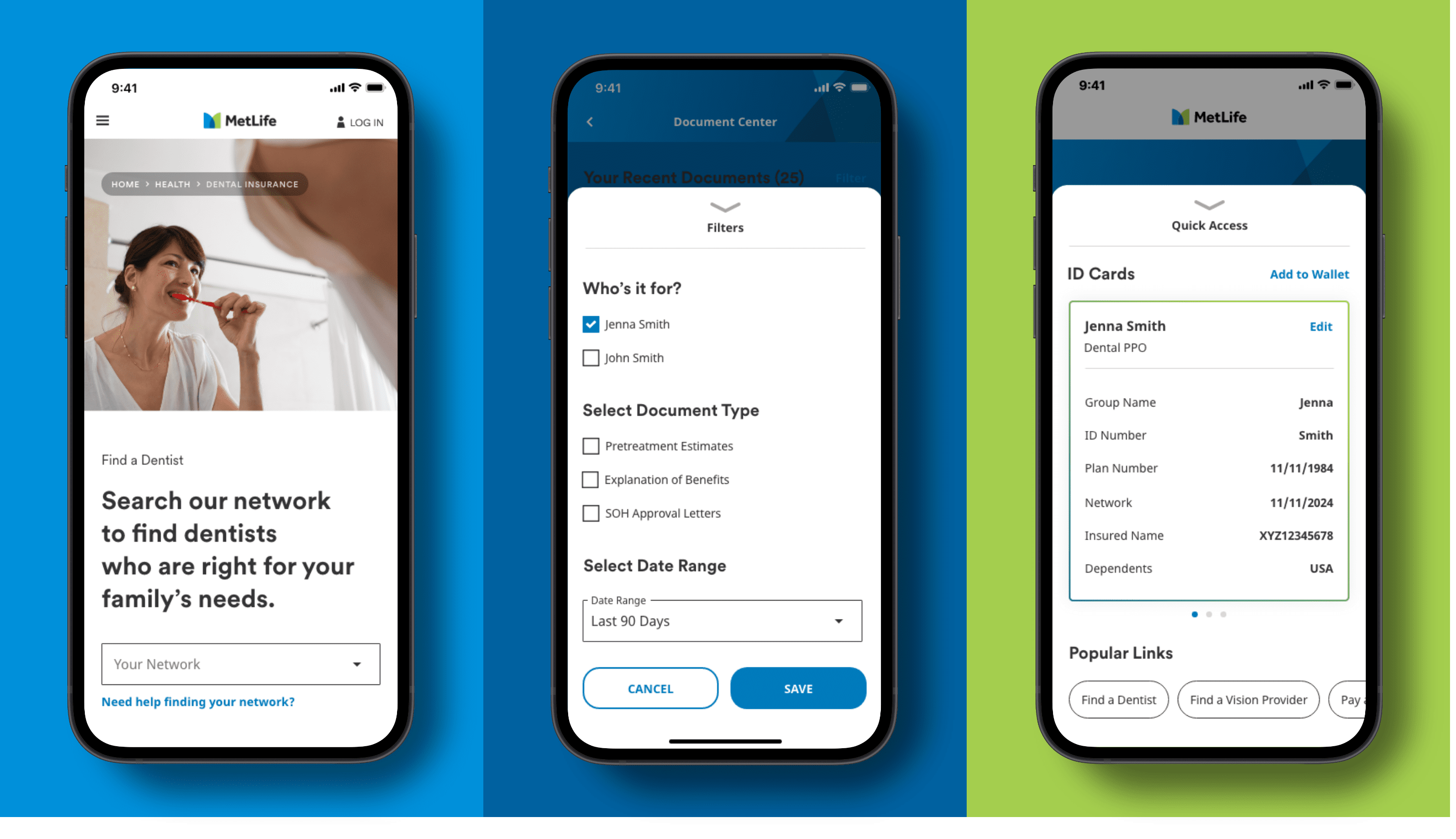 Three phone screens showing UI moments that use MetLife fonts.