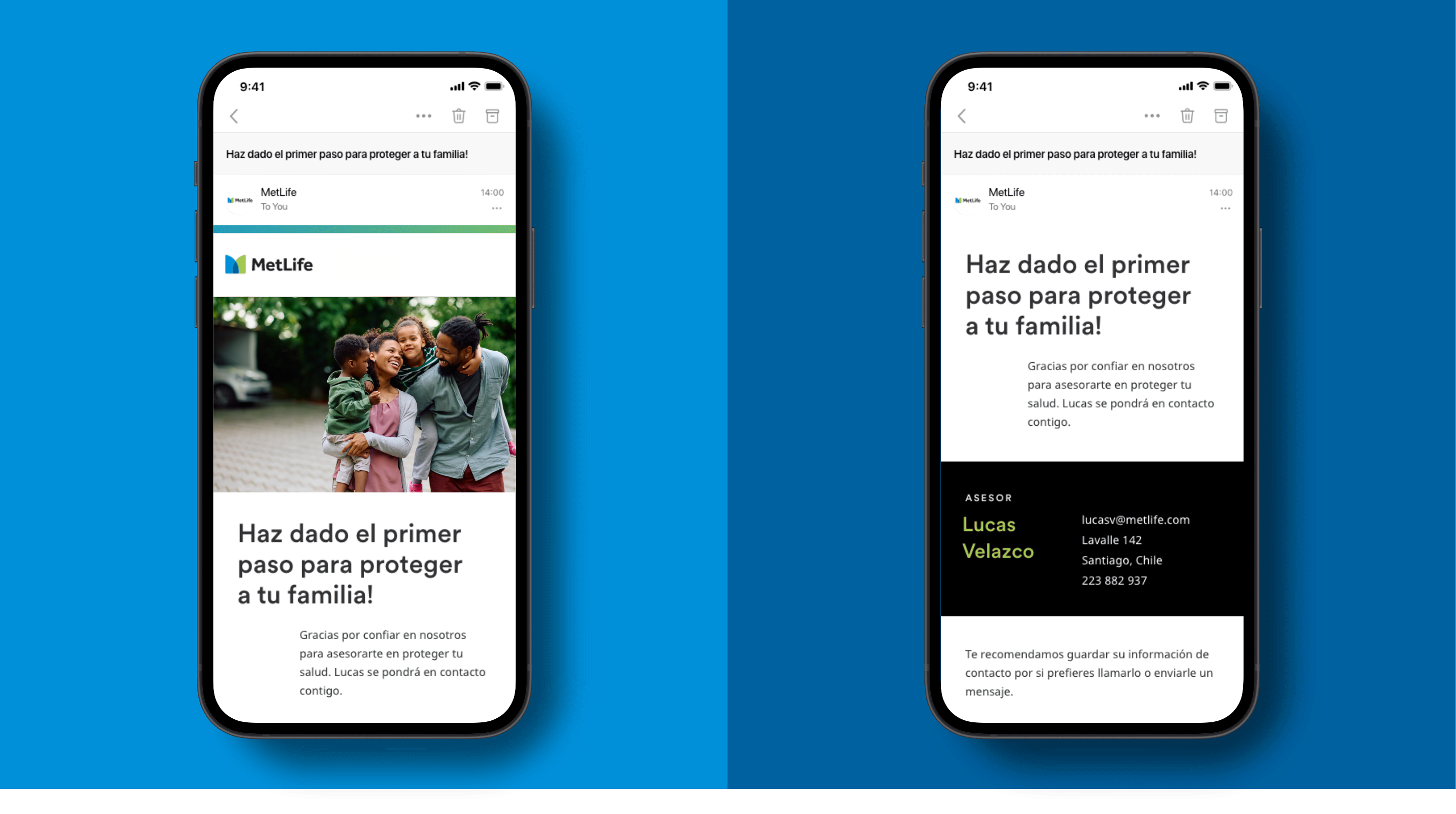 Three phone screens showing example email content. Caption: Thank You email (Chile)