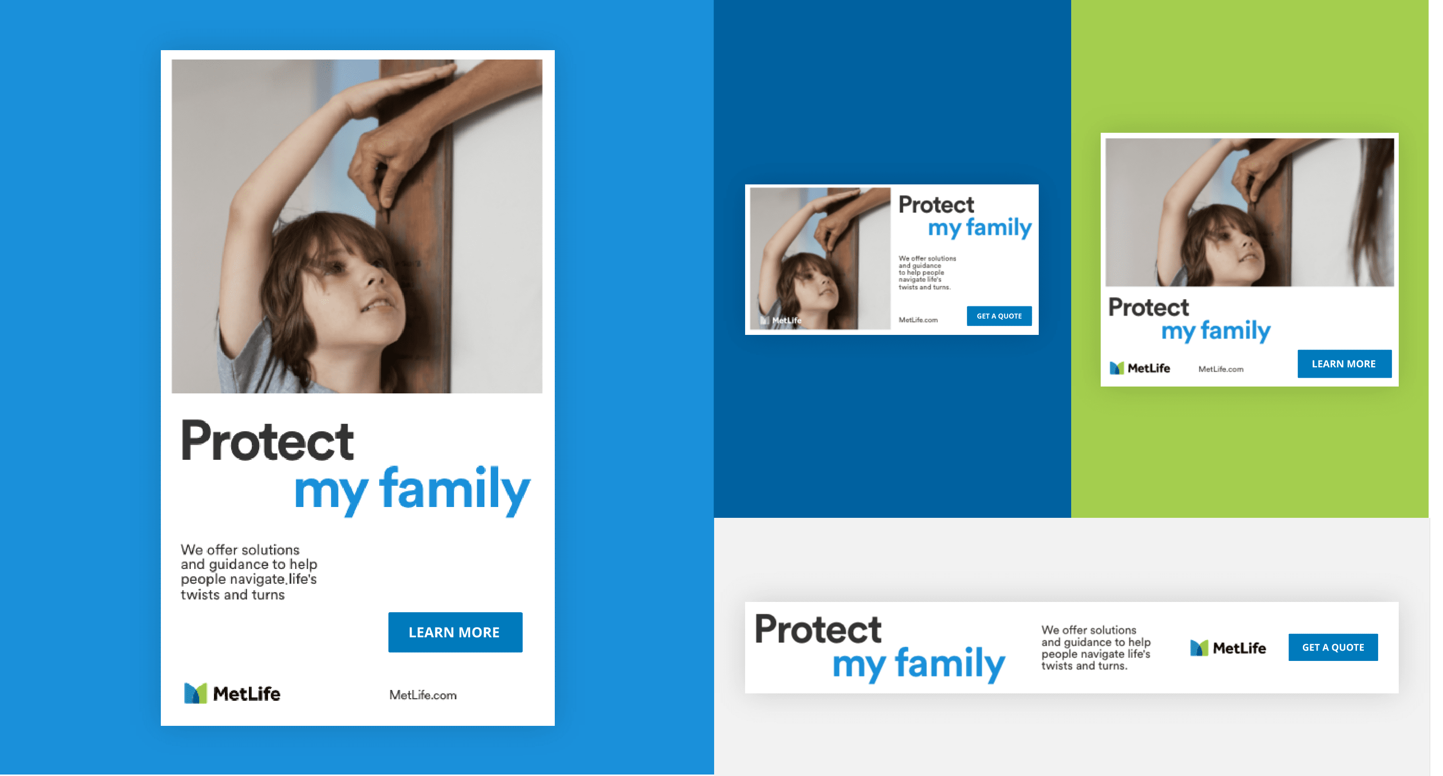 An array of online ads using photography and text: Protect my family.