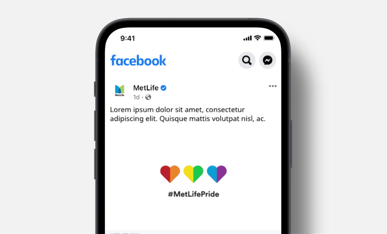 Phone screen showing three heart icons with #MetLifePride below them.