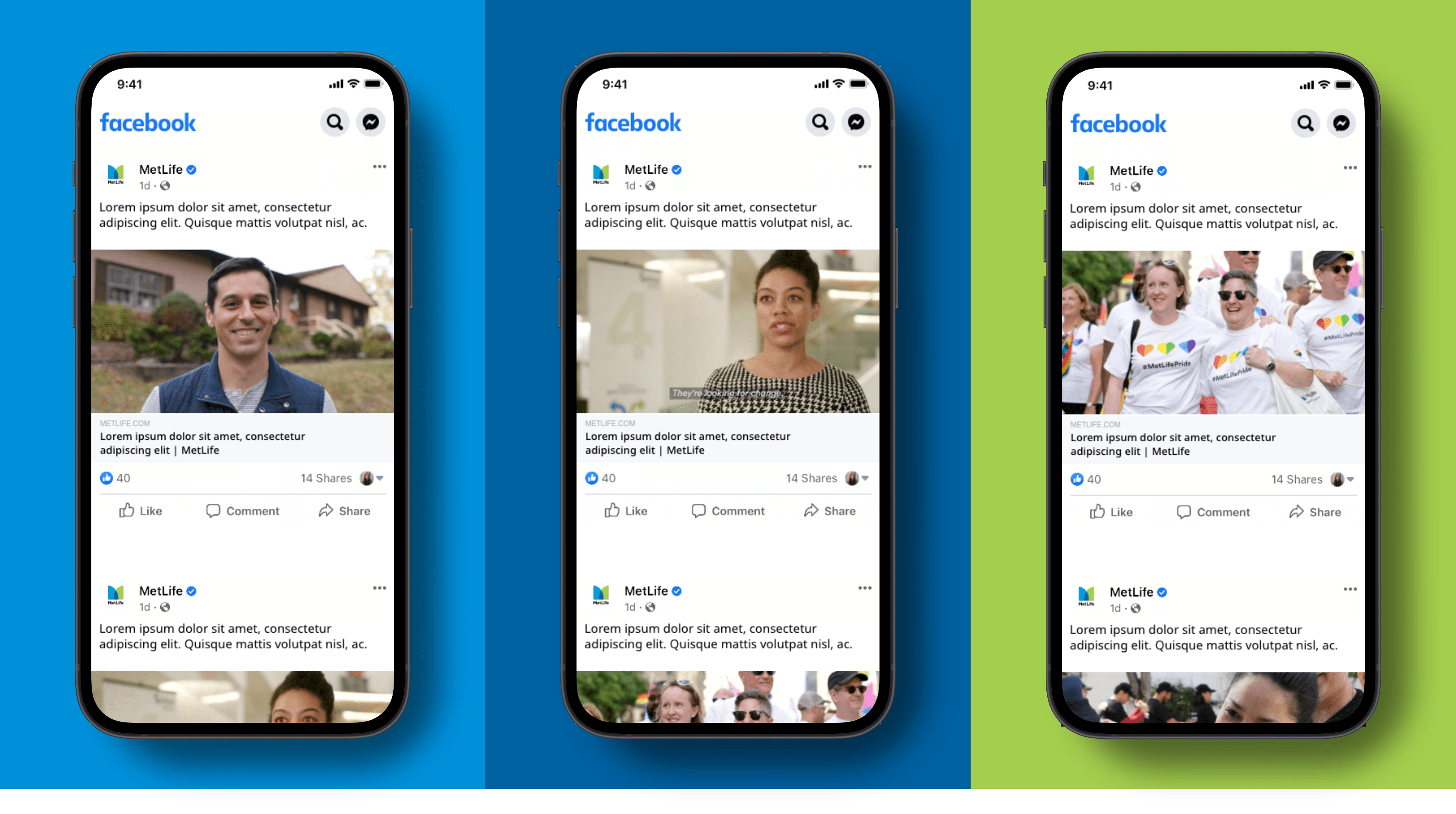 Three phone screens showing use of video in example Facebook posts.